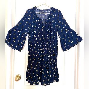 Navy Floral Bell Sleeve Dress - Yellow Floral Print by Sperry Size Medium Rayon